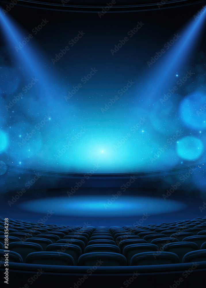 Obraz premium Cinematic theater stage blue light empty seat spotlight dark background abstract background futuristic set glowing haze copy space immersive space theater stage seat auditorium cinema venue