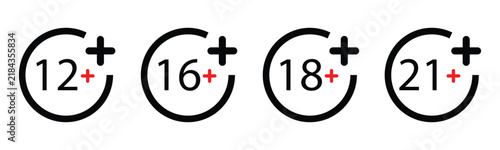 Age restriction icons showing 12 16 18 and 21 plus symbols in circles with clean white background vector graphic