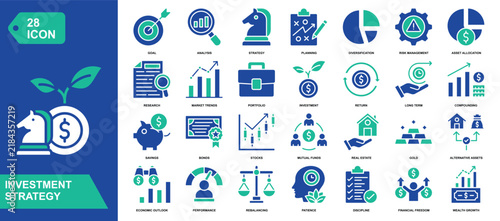 Investment Strategy Solid Icon Set. Featuring portfolio planning, asset allocation, market analysis, and financial growth. Vector icons for finance platforms and investor dashboards.