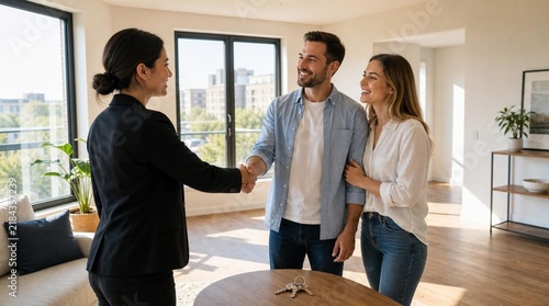 Professional female real estate agent in a black blazer shaking hands with a happy young couple in a bright, sunlit modern apartment living room after closing a successful property sale deal.