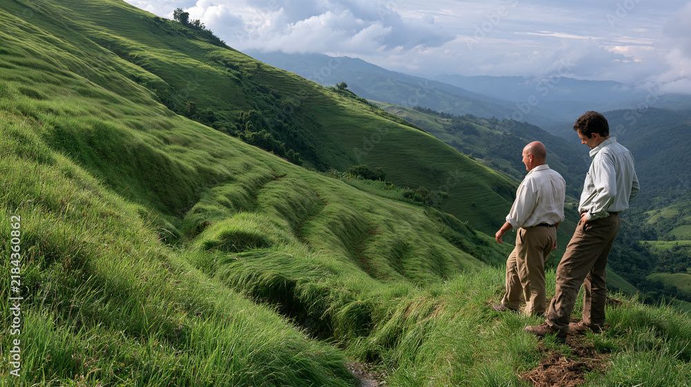 Obraz premium Farmers Inspecting a Grass Silt Trap on a Hillside