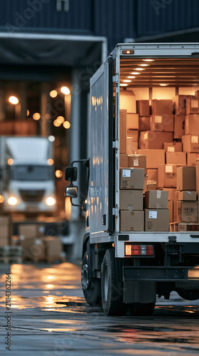 Logistics in Motion: A delivery truck loaded with cardboard boxes is parked at a warehouse loading dock at dusk, with other trucks visible in the background.