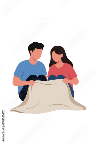 Young couple sitting on the ground spreading a cozy beige blanket over their laps, flat vector illustration on a white background
