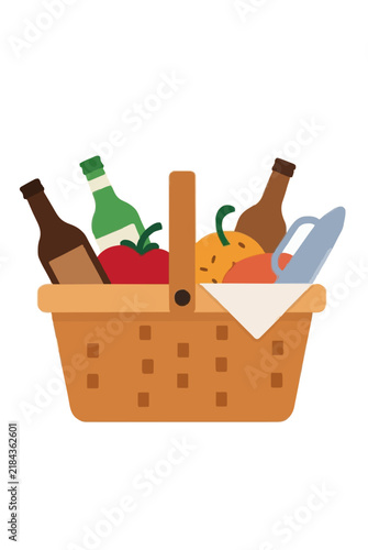 Woven wicker picnic basket packed with glass bottles and fresh produce, flat vector illustration on a white background