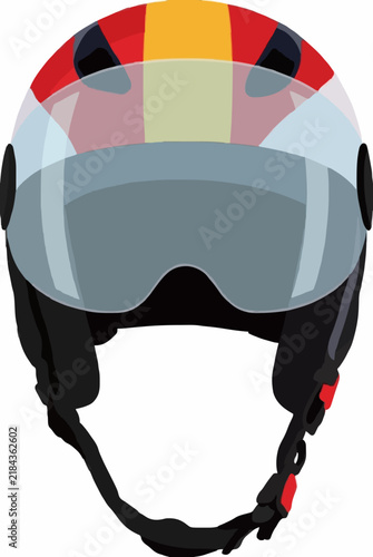 Colorful red and yellow paragliding helmet with clear visor, flat vector illustration on a white background
