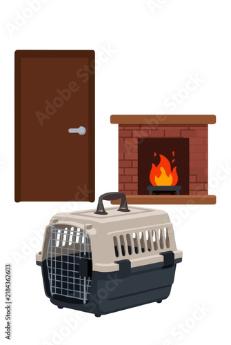 Plastic pet carrier crate beside a brown door and brick fireplace, flat vector illustration on a white background