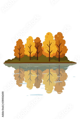 Island of five golden autumn trees reflected in calm lake water, flat vector illustration on a white background