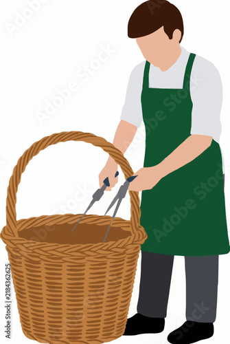 Craftsman in green apron repairing a large woven wicker basket, flat vector illustration on a white background