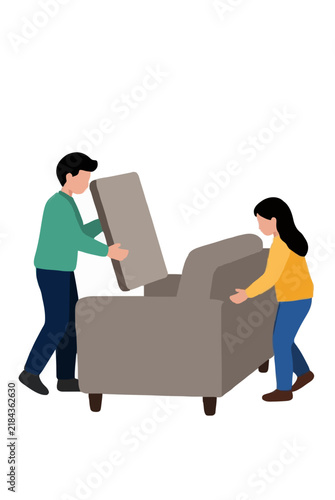 Brother and sister adjusting cushions on a grey living room sofa, flat vector illustration on a white background