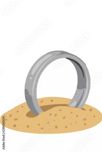 Silver metallic ring stuck upright in a mound of beach sand, flat vector illustration on a white background