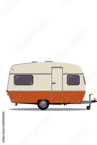 Vintage camping caravan trailer with white and orange exterior panels, flat vector illustration on a white background