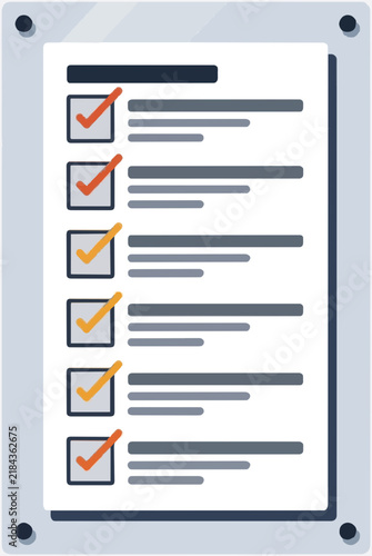 Checklist board mounted with corner bolts displaying six checked task items, flat vector illustration on a white background