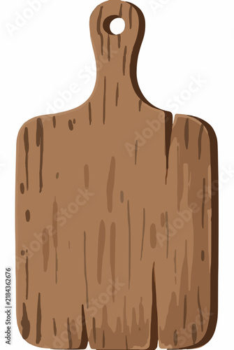 Rustic wooden cutting board with hanging hole and visible grain textures, flat vector illustration on a white background