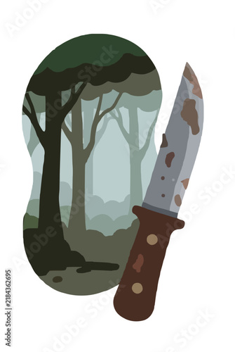 Weathered foraging knife beside an oval frame showing misty forest trees, flat vector illustration on a white background