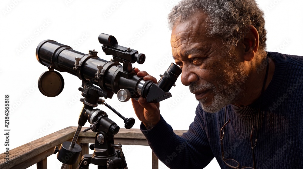 Obraz premium Senior Grandfather Exploring Night Sky With Telescope On Balcony