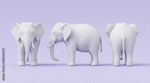 3D elephant turnaround on lavender background. Front side back view calm animal model mockup