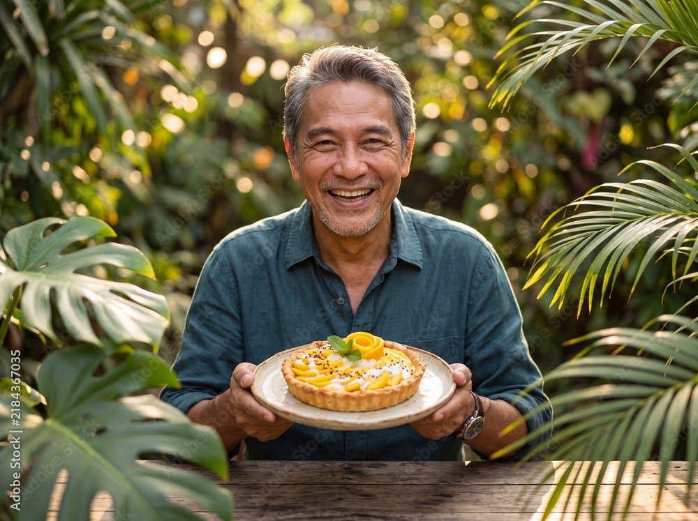 Obraz premium Senior man enjoying delicious mango sticky rice pie outdoors