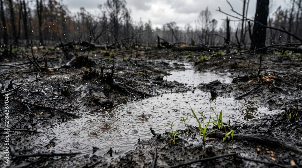 Fototapeta premium raindrops falling onto charred muddy ground with small puddles symbolizing