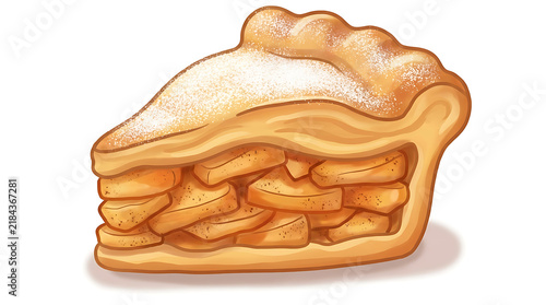 Slice of golden appeltaart cartoon with flaky crust and cinnamon apples, authentic Dutch dessert pie illustration for food designs