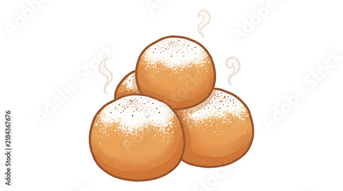 Golden oliebollen cartoon donuts dusted with powdered sugar and cinnamon, festive Dutch fried pastry illustration perfect for celebrations