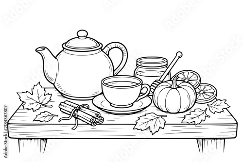 Teapot and teacup sit on a wooden table alongside a pumpkin, honey jar with a dipper, and autumn maple leaves in an outline illustration.