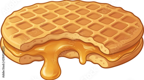 Cute cartoon stroopwafel waffle with golden caramel syrup dripping, playful illustration style, perfect for Dutch food designs
