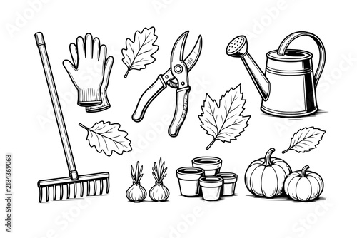 Agricultural implements and autumn leaves are illustrated in a minimalist black and white outline style.