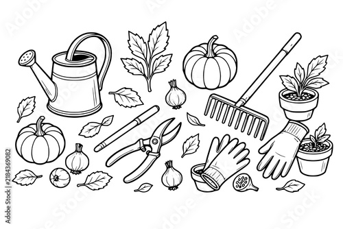 Garden equipment and fall vegetables are displayed as clean black and white outline illustrations.