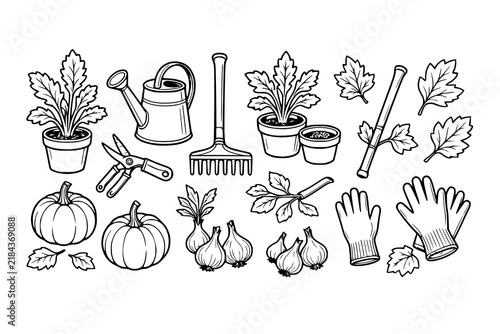 Gardening tools and autumn harvest elements are arranged in a neat black and white line art collection.