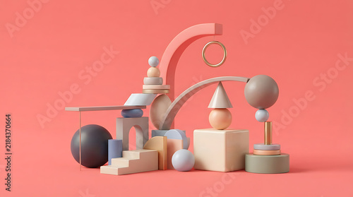 A complex 3D arrangement of various geometric shapes including spheres, cubes, stairs, arches, and cylinders in pastel colors, balanced on a pink surface against a solid pink background, abstract
