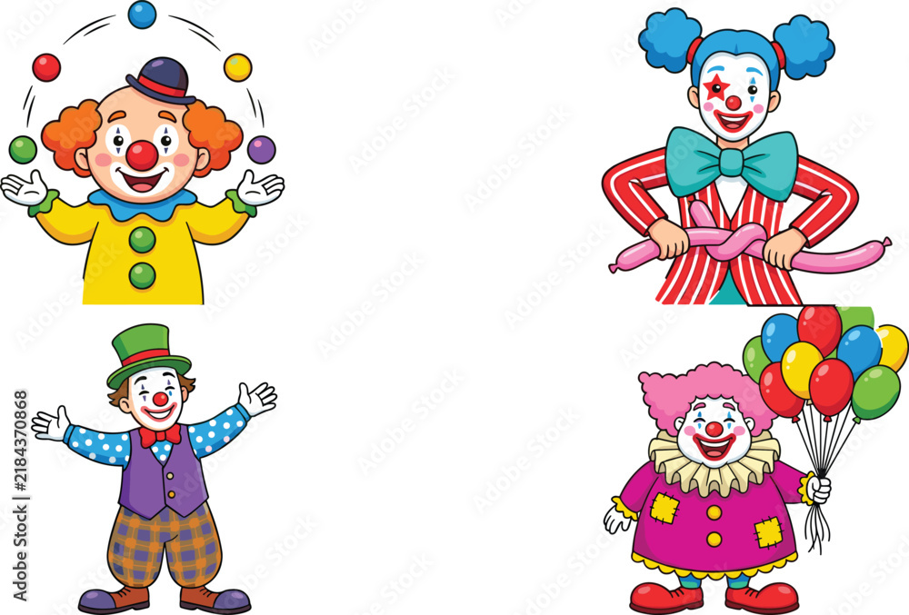 Fototapeta premium Cute Cartoon Circus Clown Vector Character Set Featuring Performers Juggling Balls Twisting Balloon Animals and Holding Colorful Balloons