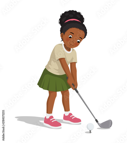 Little African girl playing golf holding golf club to hit the ball isolated on white background
