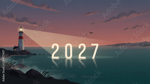 Lighthouse guiding year 2027 across calm sea during sunset with coastal landscape concept