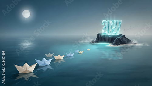 Paper boats sailing towards a glowing 2017 island under a full moon during twilight