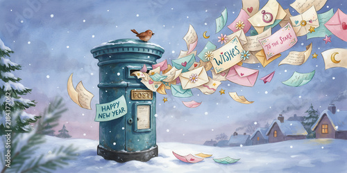 Winter mailbox overflowing with new year wishes and letters during a snowfall