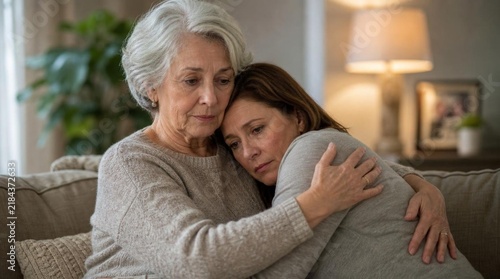 Senior mother tenderly embracing her adult daughter on a soft beige fabric sofa in a warmly lit cozy living room setting, both displaying somber emotional expressions of comfort and support