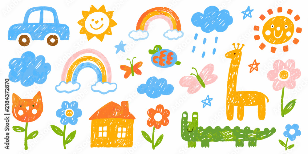Fototapeta premium A collection of crayon style drawings depicting animals vehicles and celestial elements on a white background drawing childsart childrensillustration whimsical playful colorful bright