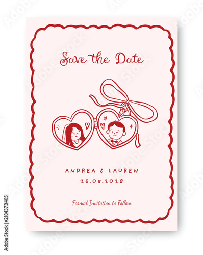 Save the date with whimsical and quirky couple drawing invitation template