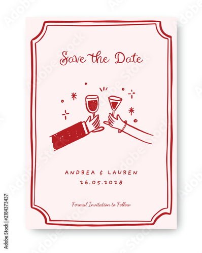 save the date with wine toast illustration hand drawn template for wedding