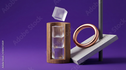 A wooden cylindrical container holding three stacked glass cubes, positioned next to a floating copper ring and a white rectangular block on a solid purple background, creating a geometric scene