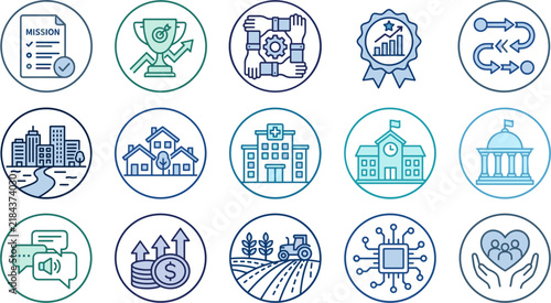 Corporate mission trophy and team strategy icon set