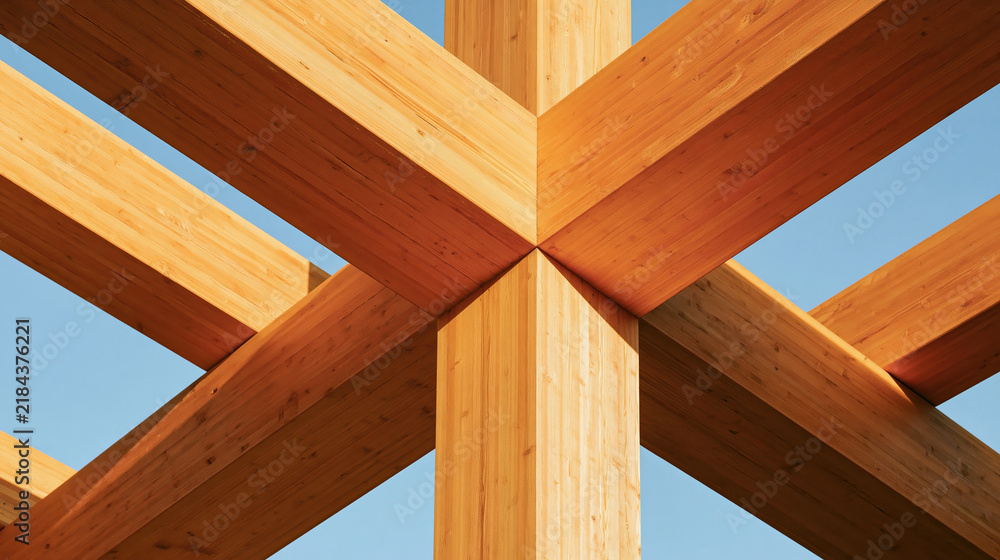 Obraz premium Modern mass timber structure with large laminated wood beams forming geometric frame against blue sky