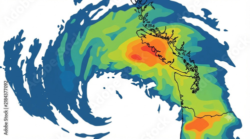 Meteorological weather map graphic with colorful temperature contour and radar data