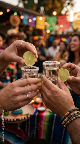 Close-up of hands holding tequila shots with salted rims and lime wedges at a vibrant Mexican fiesta. Festive background with colorful banners, string lights, and people in sombreros.
