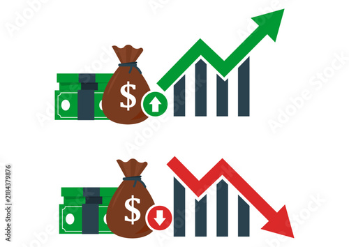 Financial growth and loss vector illustration, business profit and recession chart icon set isolated on white background