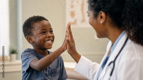 Smiling young African boy gives a cheerful high-five to a female doctor in a white coat, celebrating care and connection in a bright clinic