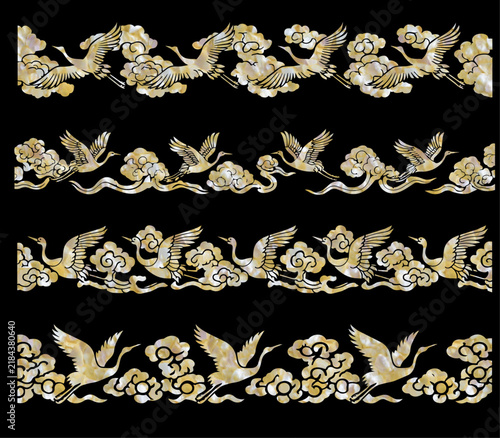 Mother of pearl traditional gold cranes and clouds decorative borders set