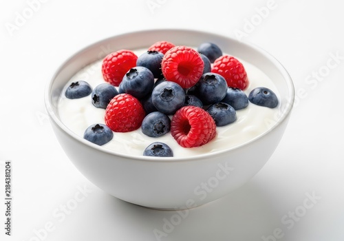 Creamy white yogurt in a ceramic bowl topped with fresh blueberries and raspberries, isolated on a bright white background for a clean look, fresh, kitchen, light