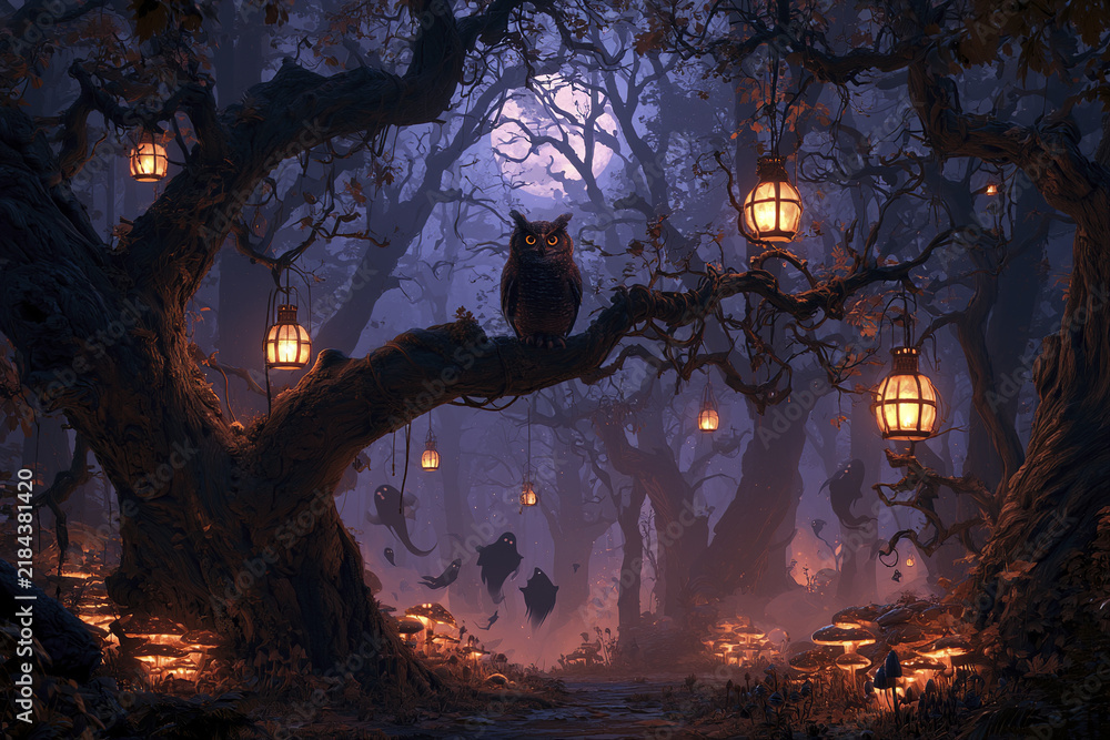 Obraz premium Magical Halloween night featuring owl on crooked tree with glowing lanterns and floating ghost figures in dark forest