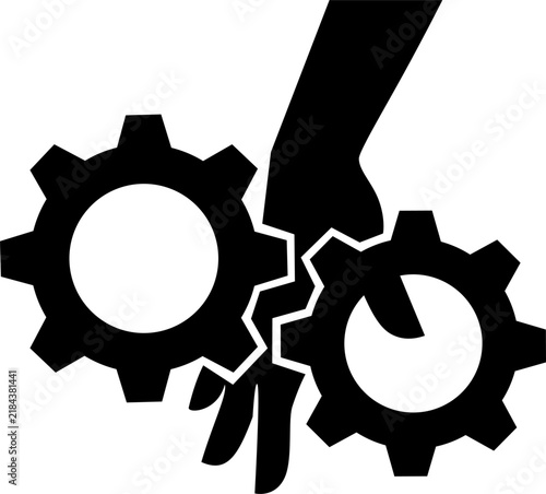 Hand pinch point hazard warning silhouette icon featuring human hand crushed in gear wheels for industrial machinery safety